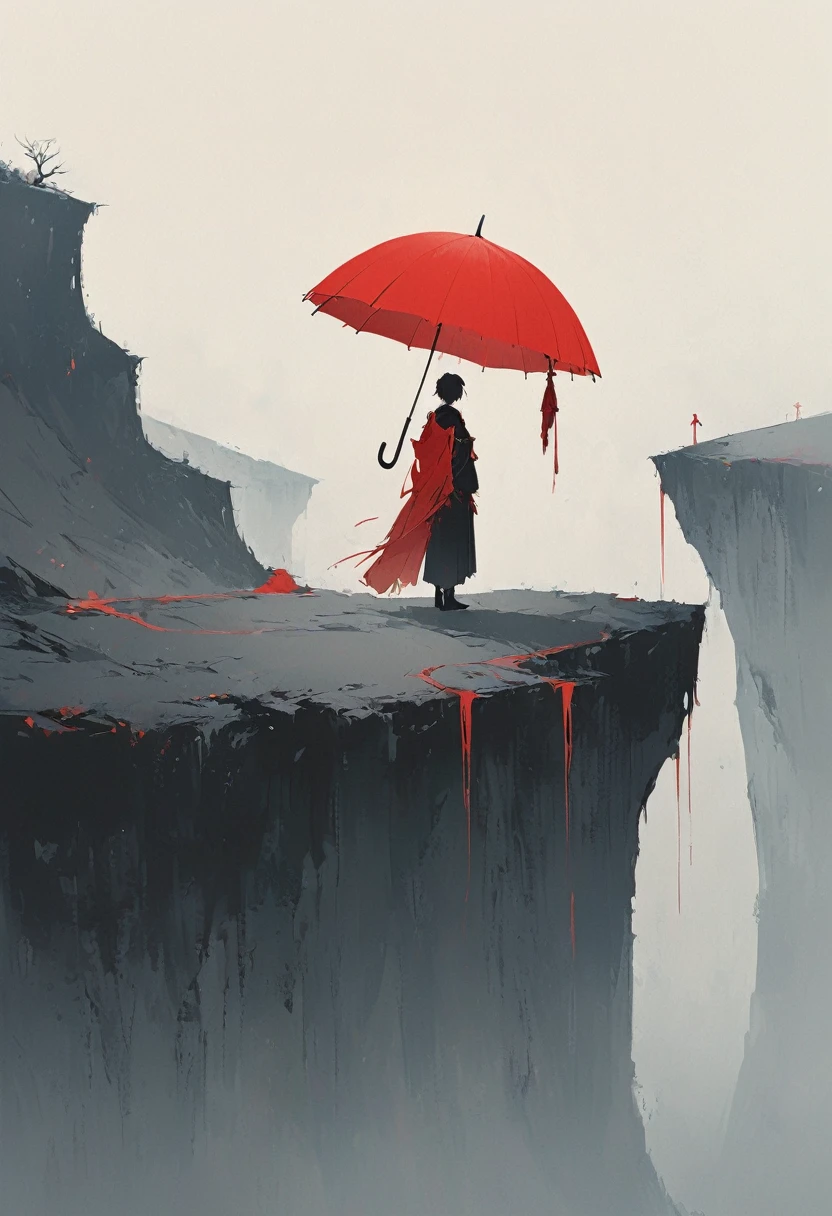 A simple one,Minimalist illustration, 1 red umbrella hanging in the air,Tassels on umbrellas,solitary figure,On the edge of a cliff,bridge