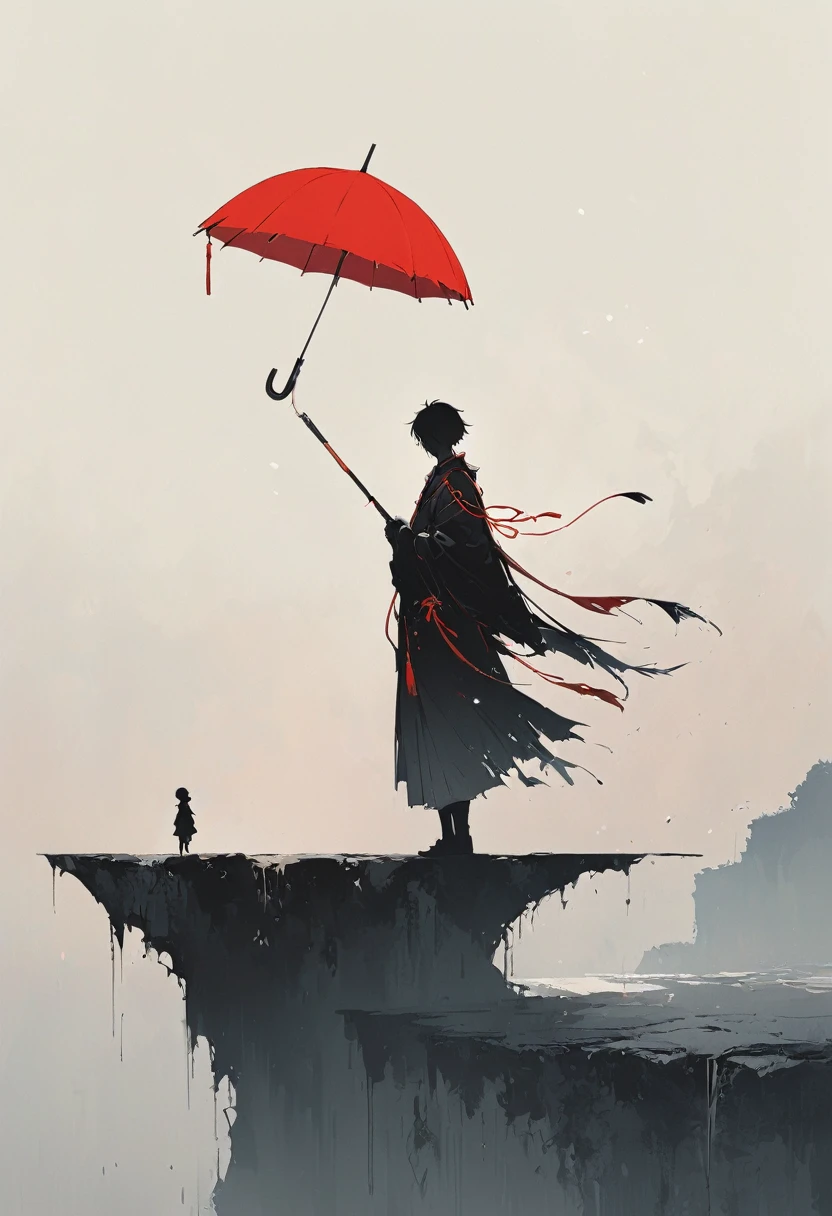 简单一点,极简插画, 1 把红伞悬在空中,雨伞上的流苏,孤独的身影,在悬崖边,桥