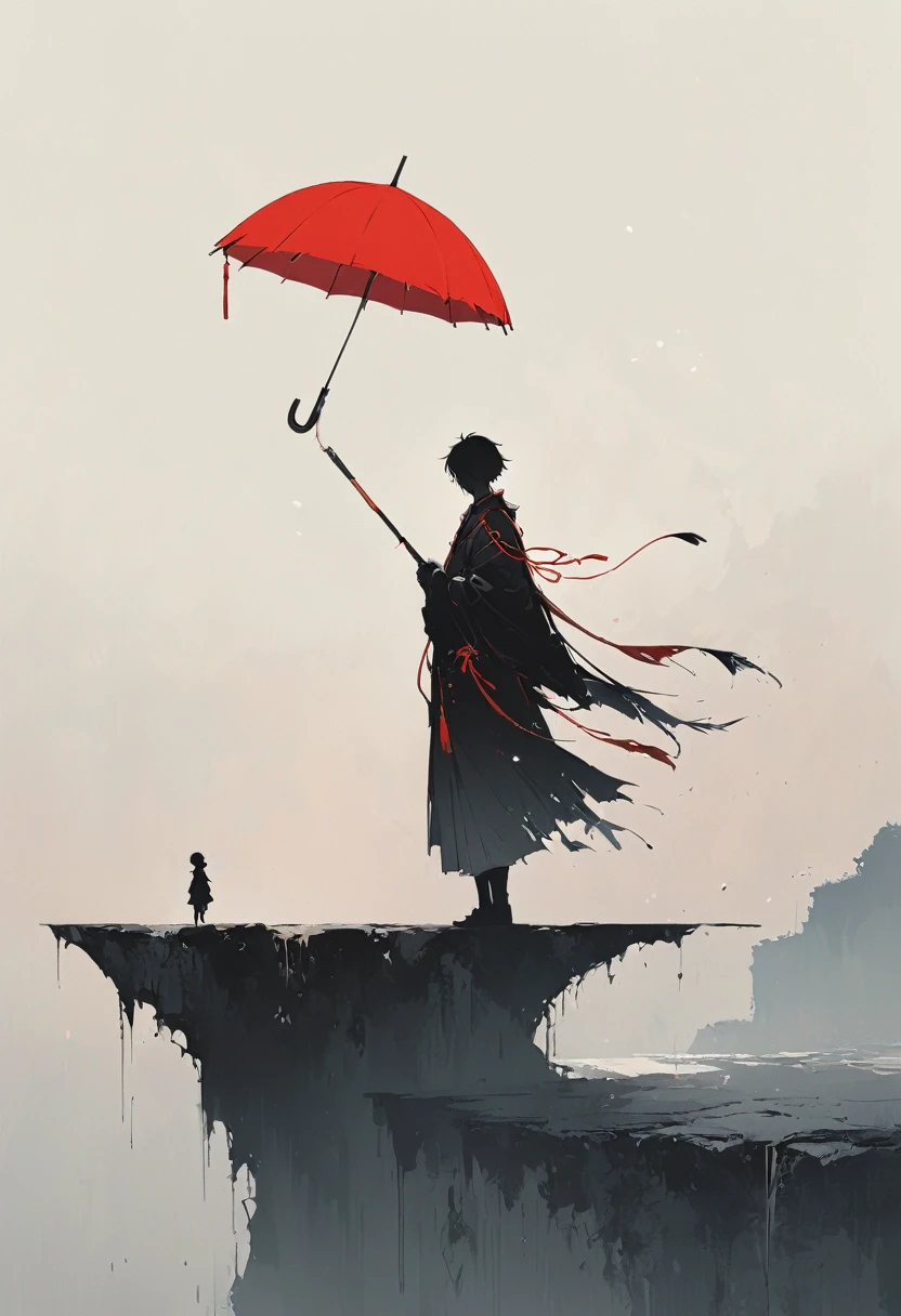 Eine einfache,Minimalistische Illustration, 1 roter Regenschirm hängt in der Luft,Quasten an Regenschirmen,Einsame Figur,Am Rande einer Klippe,Brücke