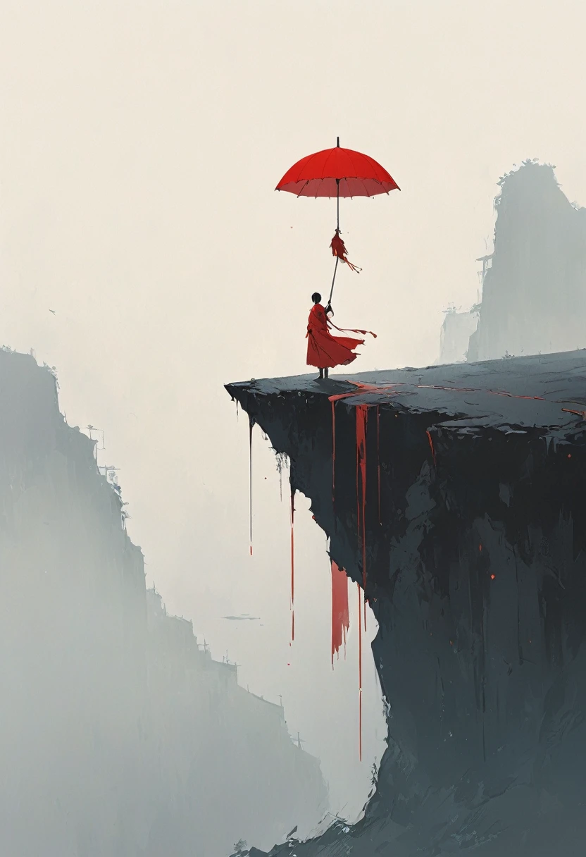 一個簡單的,極簡主義插圖, 1把紅傘懸在空中,雨傘上的流蘇,孤獨的身影,在懸崖邊,橋
