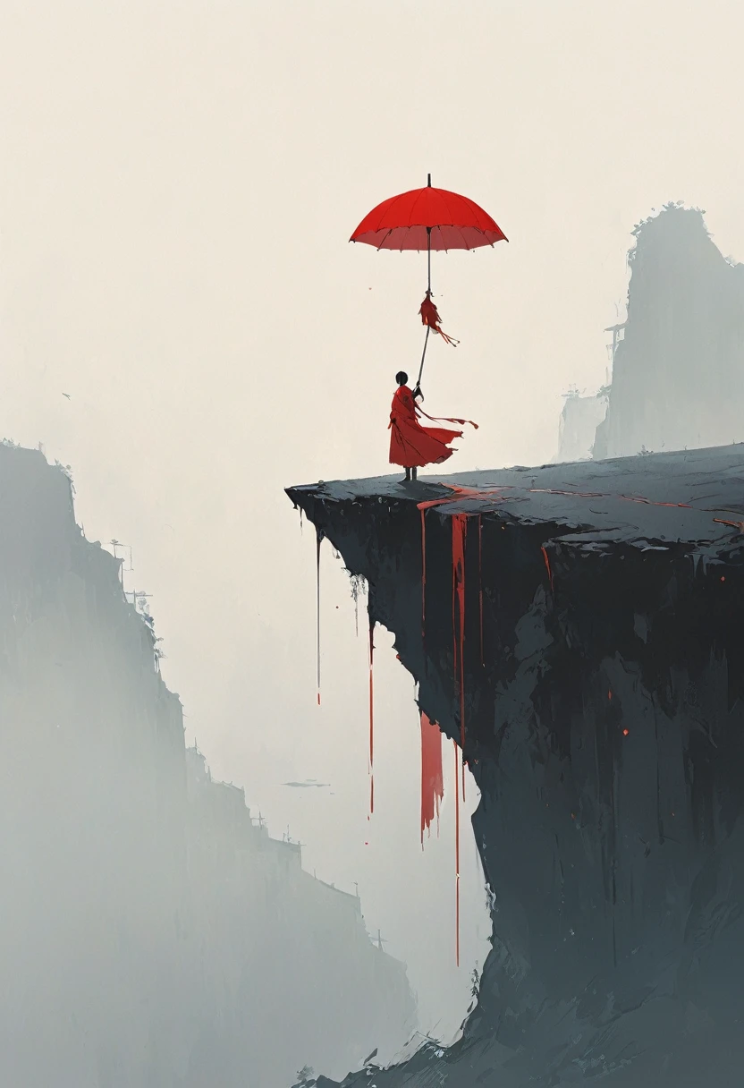 A simple one,Minimalist illustration, 1 red umbrella hanging in the air,Tassels on umbrellas,solitary figure,On the edge of a cliff,bridge