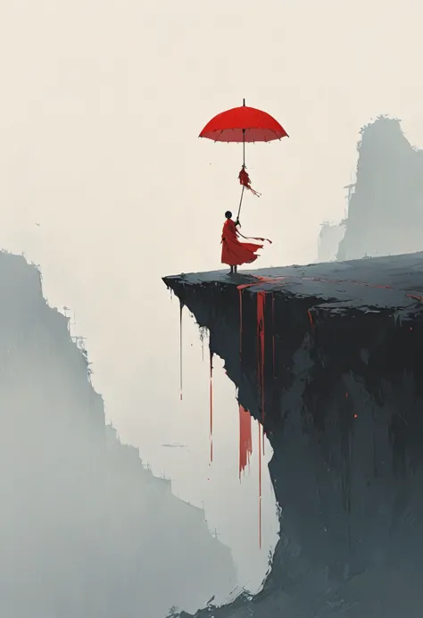 A simple one,Minimalist illustration, 1 red umbrella hanging in the air,Tassels on umbrellas,solitary figure,On the edge of a cl...