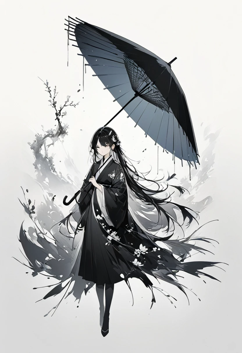 ArtInk Painting，3D Ink Painting，Minimalism，Minimalism Graphics，Minimal Art，Chinese anime girl，whole body，Chinese，，Ink Painting，umbrella，Falling Flowers，Black long hair，Black and white background，Ancient styleWhite space，White space，Large White Space，Textured Matte，Low saturation，Minimalism Composition，Main Composition