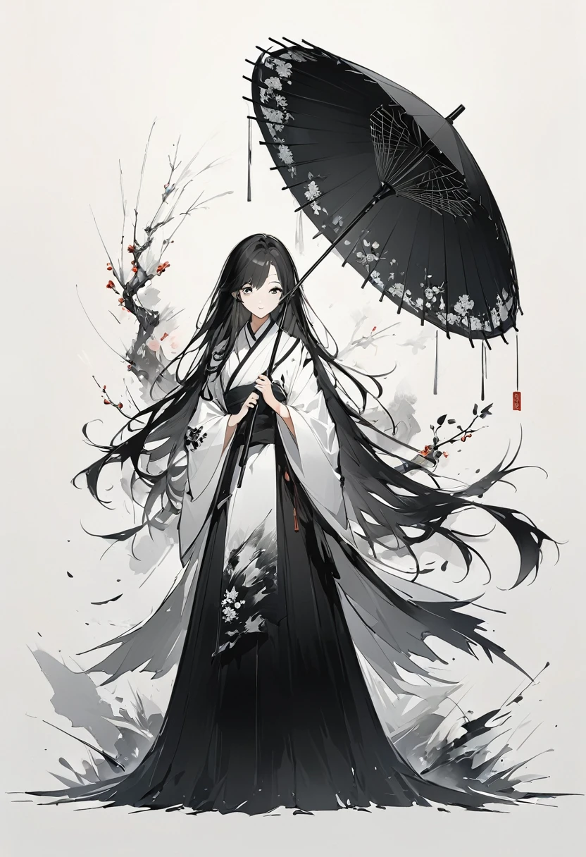 艺术Tuschemalerei，立体Tuschemalerei，Minimalismus，Minimalismus的图形，minimal art，Chinesisch anime girl，ganzer Körper，Chinesisch，，Tuschemalerei，Regenschirm，Fallende Blumen，schwarze lange Haare，Schwarz-weißer Hintergrund，古韵Leerraum，Leerraum，大面积Leerraum，Strukturiertes Matt，geringe Sättigung，Minimalismus构图，Hauptzusammensetzung