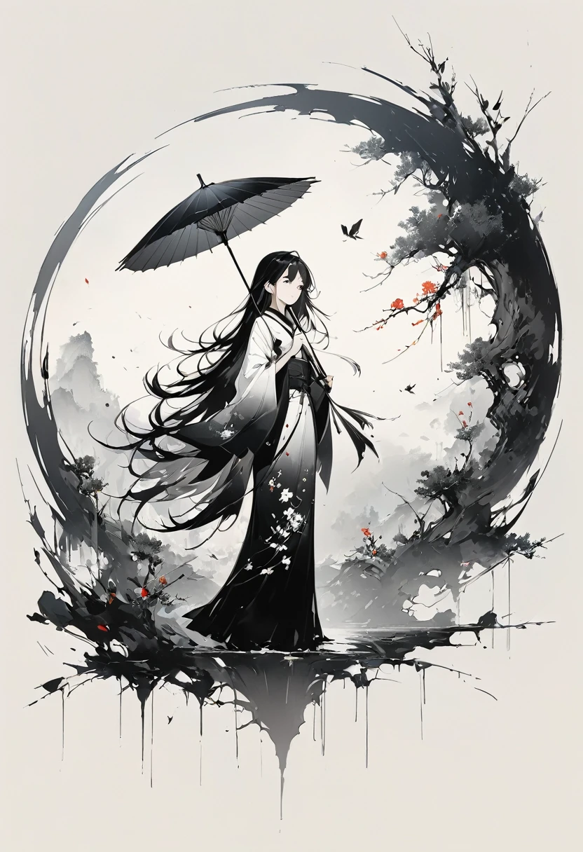 ArtInk Painting，3D Ink Painting，Minimalism，Minimalism Graphics，Minimal Art，Chinese anime girl，whole body，Chinese，，Ink Painting，umbrella，Falling Flowers，Black long hair，Black and white background，Ancient Style White Space，White space，Large White Space，Textured Matte，Low saturation，Minimalism Composition，Main Composition