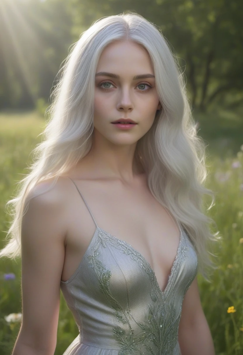 a beautiful woman with long silver white hair,piercing violet eyes,detailed face,pale skin,high cheekbones,delicate features,wearing a flowing silver dress,standing in a serene meadow with lush green grass and wildflowers,sunlight streaming through the trees,an air of grace and elegance,(best quality,8k,highres,masterpiece:1.2),ultra-detailed,(realistic,photorealistic,photo-realistic:1.37),digital painting,cinematic lighting,dramatic colors,fantasy,portrait
