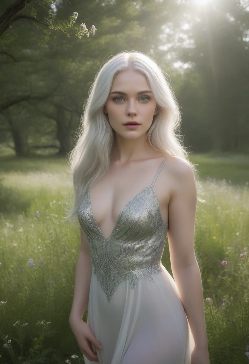 a beautiful woman with long silver white hair,piercing violet eyes,detailed face,pale skin,high cheekbones,delicate features,wearing a flowing silver dress,standing in a serene meadow with lush green grass and wildflowers,sunlight streaming through the trees,an air of grace and elegance,(best quality,8k,highres,masterpiece:1.2),ultra-detailed,(realistic,photorealistic,photo-realistic:1.37),digital painting,cinematic lighting,dramatic colors,fantasy,portrait
