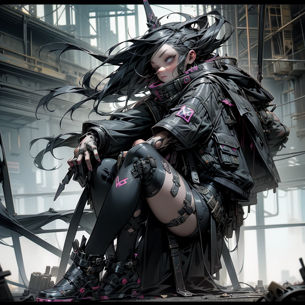 1 girl, 1 solo girl, punk clothes, gothic, cyberpunk weapons, destroyed city, beautiful hair punk, beautiful and detailed eyes, masterpiece, cinematic, mouth without defects, body without defects, hands and arms and legs without defects or anomalies, character no defects no anomalies, gothic, punk