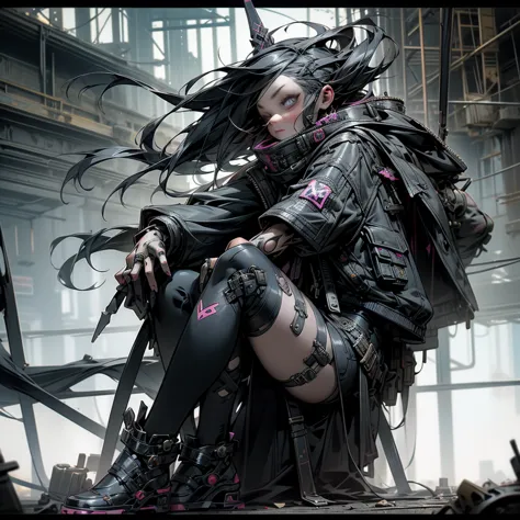 1 girl, 1 solo girl, punk clothes, gothic, cyberpunk weapons, destroyed city, beautiful hair punk, beautiful and detailed eyes, ...