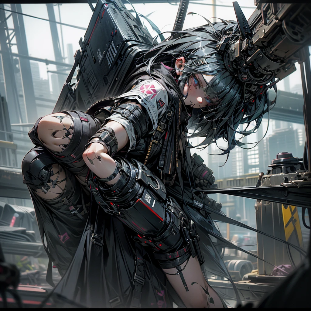 1 girl, 1 solo girl, punk clothes, gothic, cyberpunk weapons, destroyed city, beautiful hair punk, beautiful and detailed eyes, masterpiece, cinematic, mouth without defects, body without defects, hands and arms and legs without defects or anomalies, character no defects no anomalies, gothic, punk