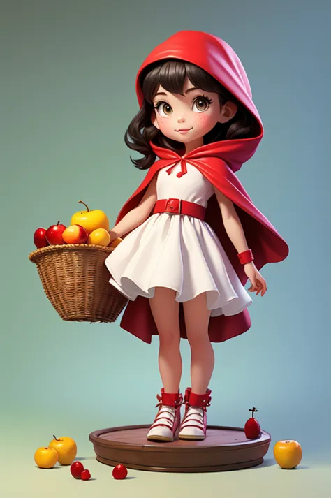 8 year old girl, wearing a red cape hood and white dress, carrying a basket with fruit.