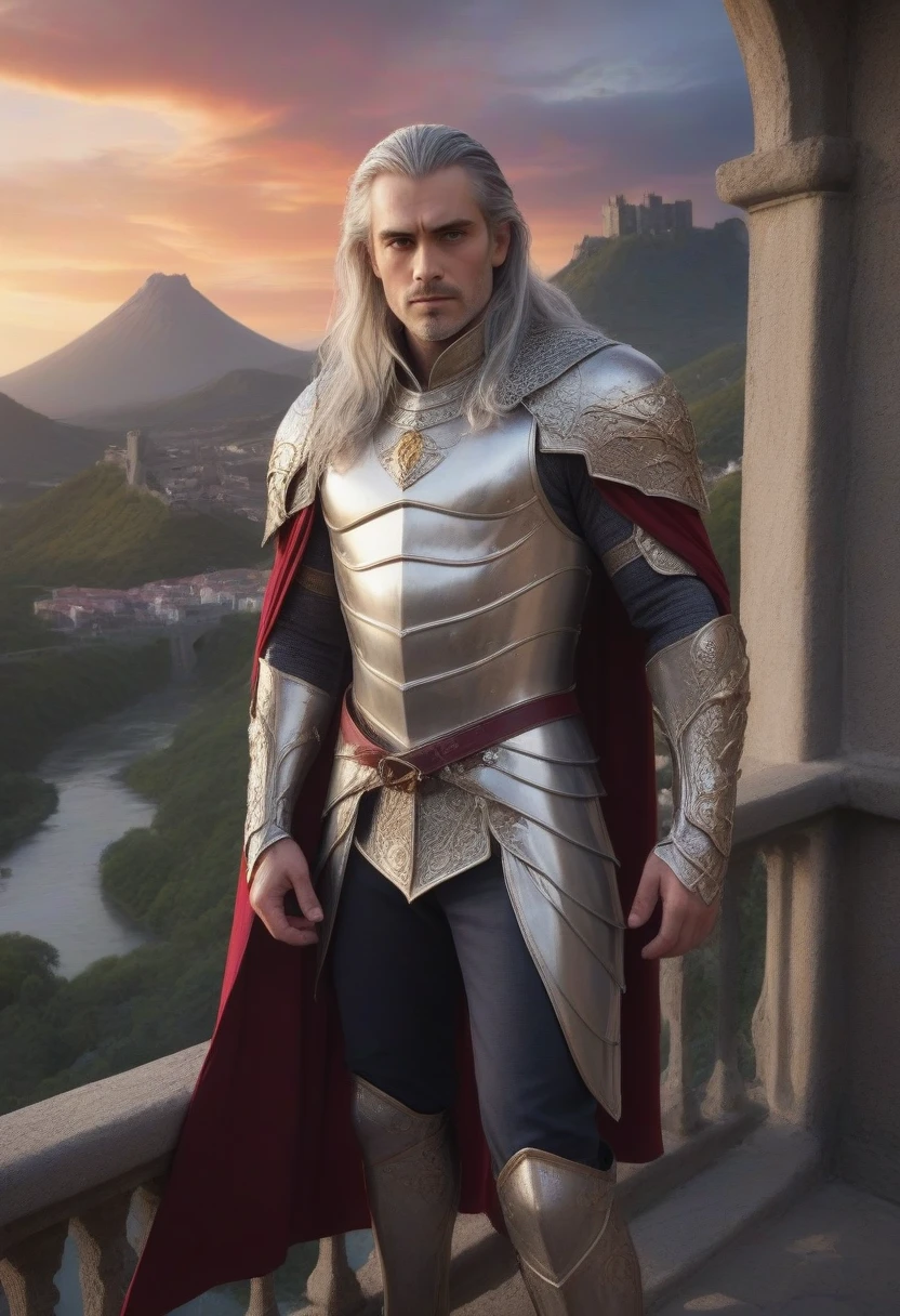 (masterpiece, 8K, UHD, best quality), majestic portrait of a man, (long silky silver hair), (piercing violet eyes), (intricate armor), flowing cape, (gold and ruby details), (standing on a balcony of a high tower), (landscape of a beautiful medieval city in the background), volcanic mountains, rivers of lava, (skies crossed by dragons in the distance), (light of the setting sun), imposing and mysterious atmosphere, realistic details, (elements of fire and magic), (heroic and noble perspective)
