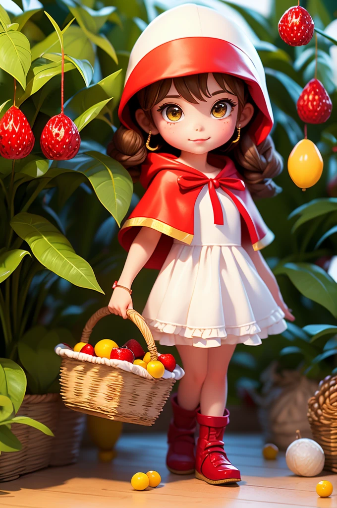 8 year old girl, wearing a red cape hood and white dress, carrying a basket with fruit.