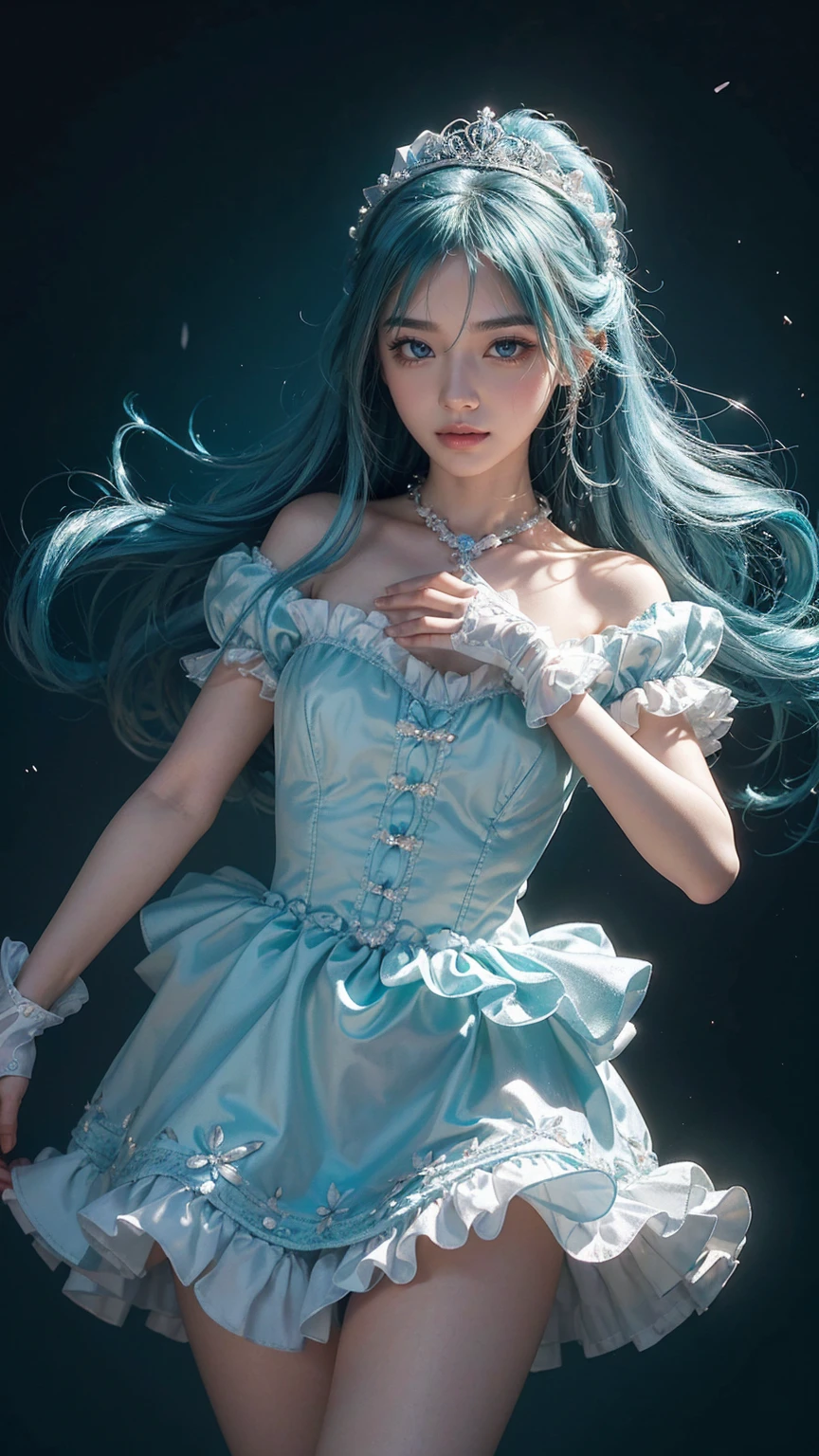 (illustration), (amazing work), (indirect linear lighting), (kid cute studio), (GIF Cute Animation), (cute cute kawaii), (Highly detailed CG 8k unit wallpaper), (1 woman) Wearing a cute dress, Cute ruffle tiara and long blue hair, wearing silk gloves, White skin, green blue eyes, (cute kawaii), bare abdomen, full body shot