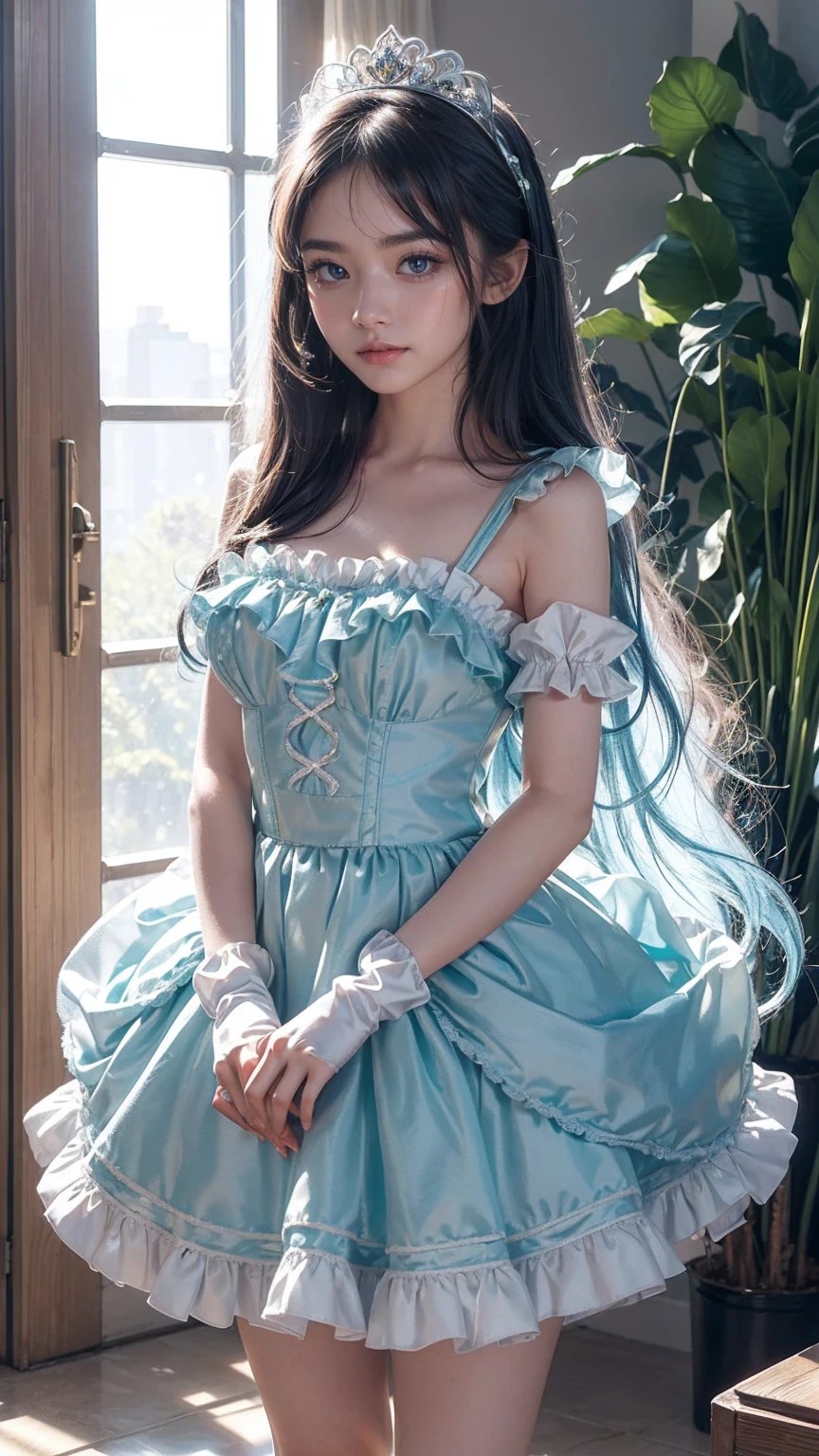 (illustration), (amazing work), (indirect linear lighting), (kid cute studio), (GIF Cute Animation), (cute cute kawaii), (Highly detailed CG 8k unit wallpaper), (1 woman) Wearing a cute dress, Cute ruffle tiara and long blue hair, wearing silk gloves, White skin, green blue eyes, (cute kawaii), bare abdomen, full body shot