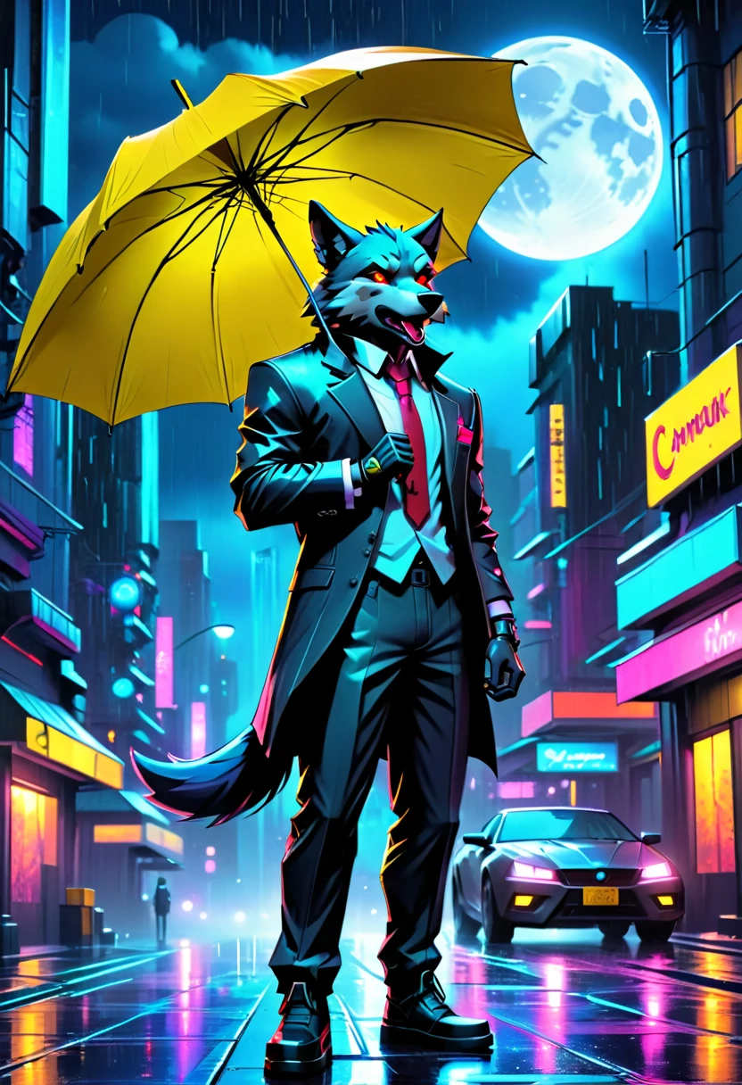 a picture of anthomprh wolf holding an umbrella in cyberpunk street at the rain at night, an epic anthomorph wolf with dynamoc color fur, red glowing eyes, howling to the moon at night, he wears an elegant suit and tie, dark pants, dynamic elegant pants, he is (holding a yellow umbrella: 1.3) , in a dark cyberpunk street at night there is a full moon, it is raining, (highest quality:1.2, Very detailed, up to date, Vibrant, Ultra-high resolution, High Contrast, masterpiece:1.2, highest quality, Best aesthetics), best details, best quality, highres, dynamic angle, 16k, [ultra detailed], masterpiece, best quality, (extremely detailed: 1.5), 