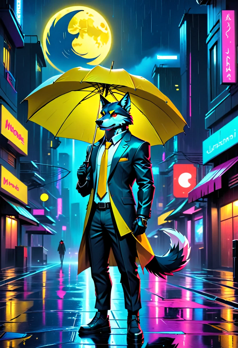 ein Bild von Anthomprh Wolf, der nachts im Regen in einer Cyberpunk-Straße einen Regenschirm hält, ein epischer anthromorpher Wolf mit dynamisch farbigem Fell, Rot leuchtende Augen, nachts den Mond anheulen, er trägt einen eleganten Anzug und Krawatte, dunkle Hose, dynamische elegante Hose, er ist (einen gelben Regenschirm halten: 1.3) , in einer dunklen Cyberpunk-Straße ist nachts Vollmond, es regnet, (höchste Qualität:1.2, Sehr detailiert, auf dem Laufenden, beschwingt, ultrahohe Auflösung, Hoher Kontrast, Meisterwerk:1.2, höchste Qualität, Beste Ästhetik), beste Details, beste Qualität, highres, dynamischer Winkel, 16k, [Extrem detailliert], Meisterwerk, beste Qualität, (Extrem detailliert: 1.5), 