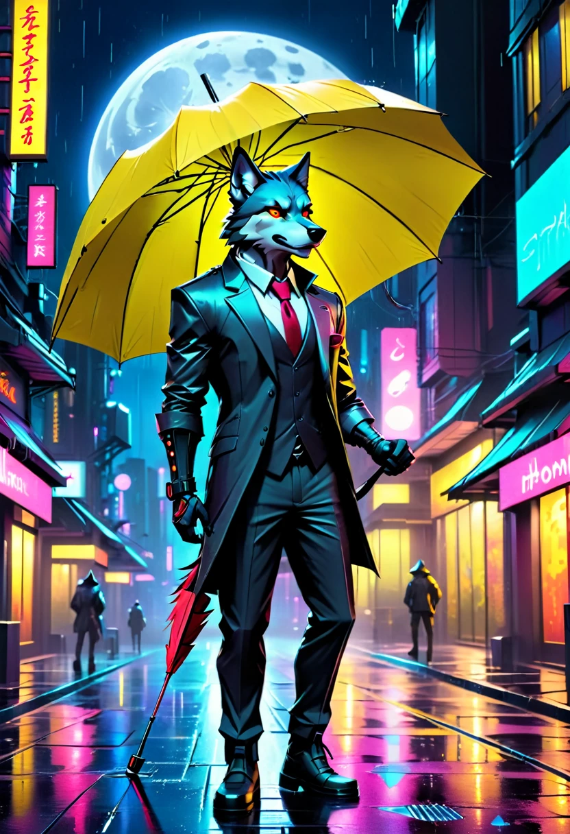 ein Bild von Anthomprh Wolf, der nachts im Regen in einer Cyberpunk-Straße einen Regenschirm hält, ein epischer anthromorpher Wolf mit dynamisch farbigem Fell, Rot leuchtende Augen, nachts den Mond anheulen, er trägt einen eleganten Anzug und Krawatte, dunkle Hose, dynamische elegante Hose, er ist (einen gelben Regenschirm halten: 1.3) , in einer dunklen Cyberpunk-Straße ist nachts Vollmond, es regnet, (höchste Qualität:1.2, Sehr detailiert, auf dem Laufenden, beschwingt, ultrahohe Auflösung, Hoher Kontrast, Meisterwerk:1.2, höchste Qualität, Beste Ästhetik), beste Details, beste Qualität, highres, dynamischer Winkel, 16k, [Extrem detailliert], Meisterwerk, beste Qualität, (Extrem detailliert: 1.5), 