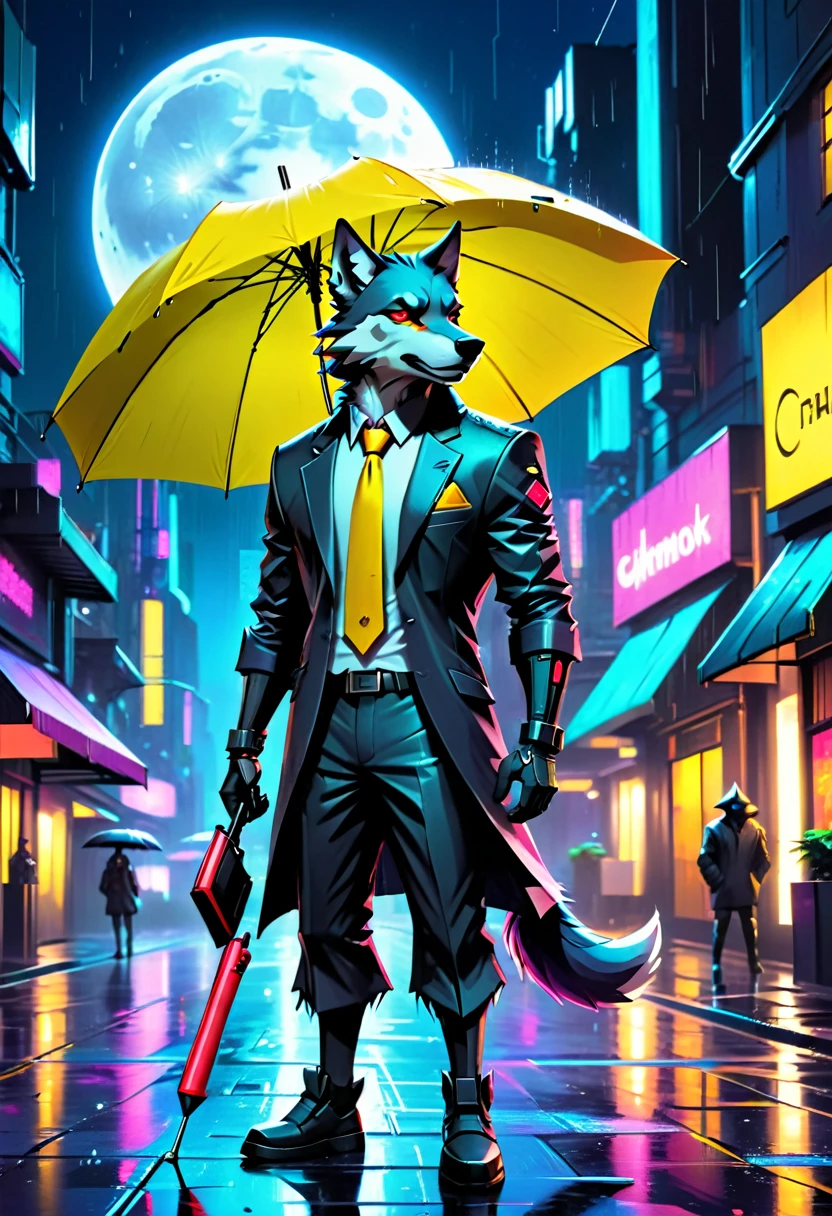 ein Bild von Anthomprh Wolf, der nachts im Regen in einer Cyberpunk-Straße einen Regenschirm hält, ein epischer anthromorpher Wolf mit dynamisch farbigem Fell, Rot leuchtende Augen, nachts den Mond anheulen, er trägt einen eleganten Anzug und Krawatte, dunkle Hose, dynamische elegante Hose, er ist (einen gelben Regenschirm halten: 1.3) , in einer dunklen Cyberpunk-Straße ist nachts Vollmond, es regnet, (höchste Qualität:1.2, Sehr detailiert, auf dem Laufenden, beschwingt, ultrahohe Auflösung, Hoher Kontrast, Meisterwerk:1.2, höchste Qualität, Beste Ästhetik), beste Details, beste Qualität, highres, dynamischer Winkel, 16k, [Extrem detailliert], Meisterwerk, beste Qualität, (Extrem detailliert: 1.5), 