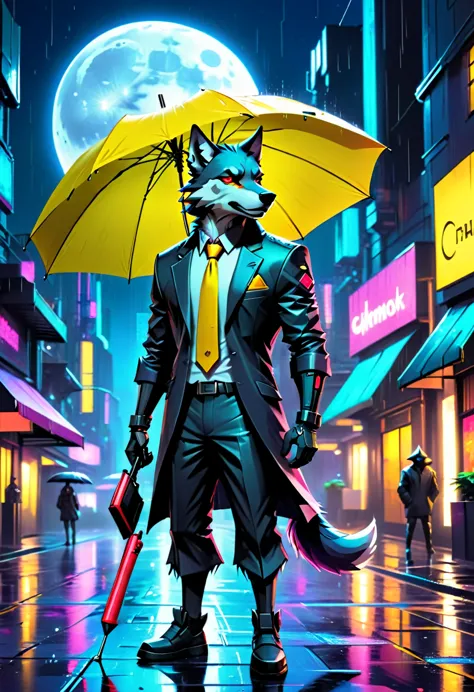 a picture of anthomprh wolf holding an umbrella in cyberpunk street at the rain at night, an epic anthomorph wolf with dynamoc c...