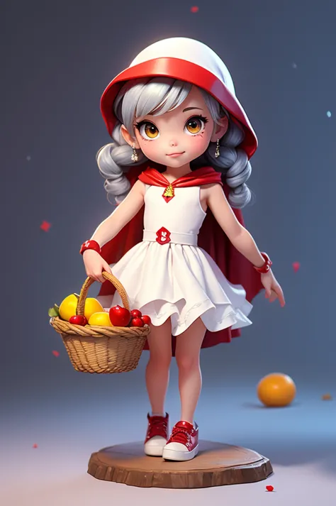 8 year old girl, wearing a red cape hood and white dress, carrying a basket with fruit.