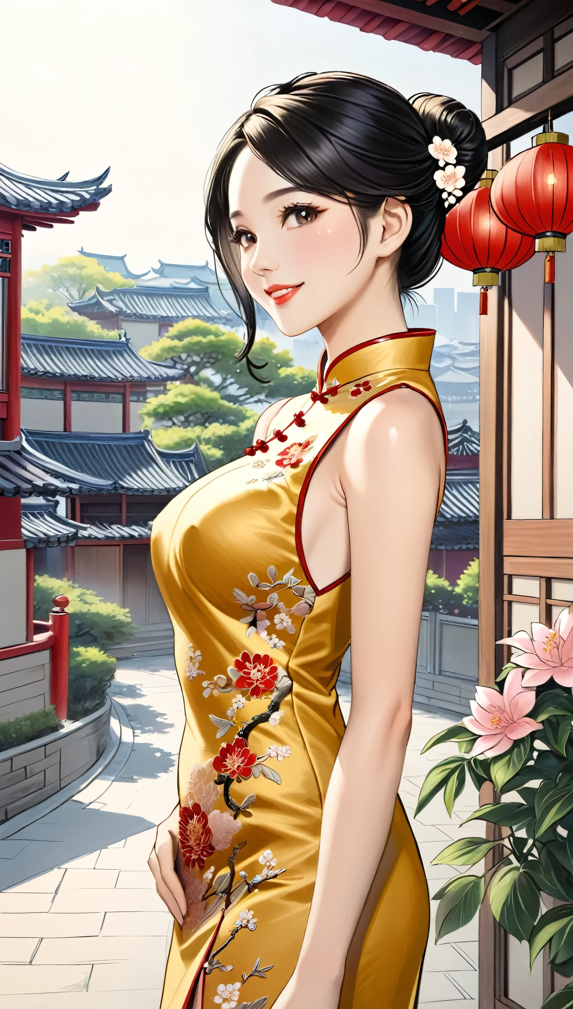 A beautiful woman, city,(standard cheongsam), (flower chignon), (gold embroidery thread), outdoor chinese house, light smile, ((black hair)), little blush, side, (breast), line art, Scan Painting Art, Color pencil drawing art, (hand drawing art), ((draft drawing)), 