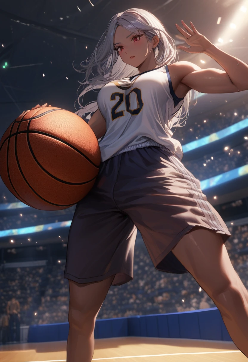 (Mastepiece, best quality, absurdres), close up shot, 1girl, mirkodef, dark skin, muscular,  mature female, holding a basketball in one hand, lifting shirt with one hand, underboob, wearing a basketball jersey, basketball court, looking at wiewer, (exhausted, sweating), medium boobs, 8k intricate illustration, dynamic pose, cinematic lighting, volumetric lighting, vibrant colors, ray tracing, intricate details, 