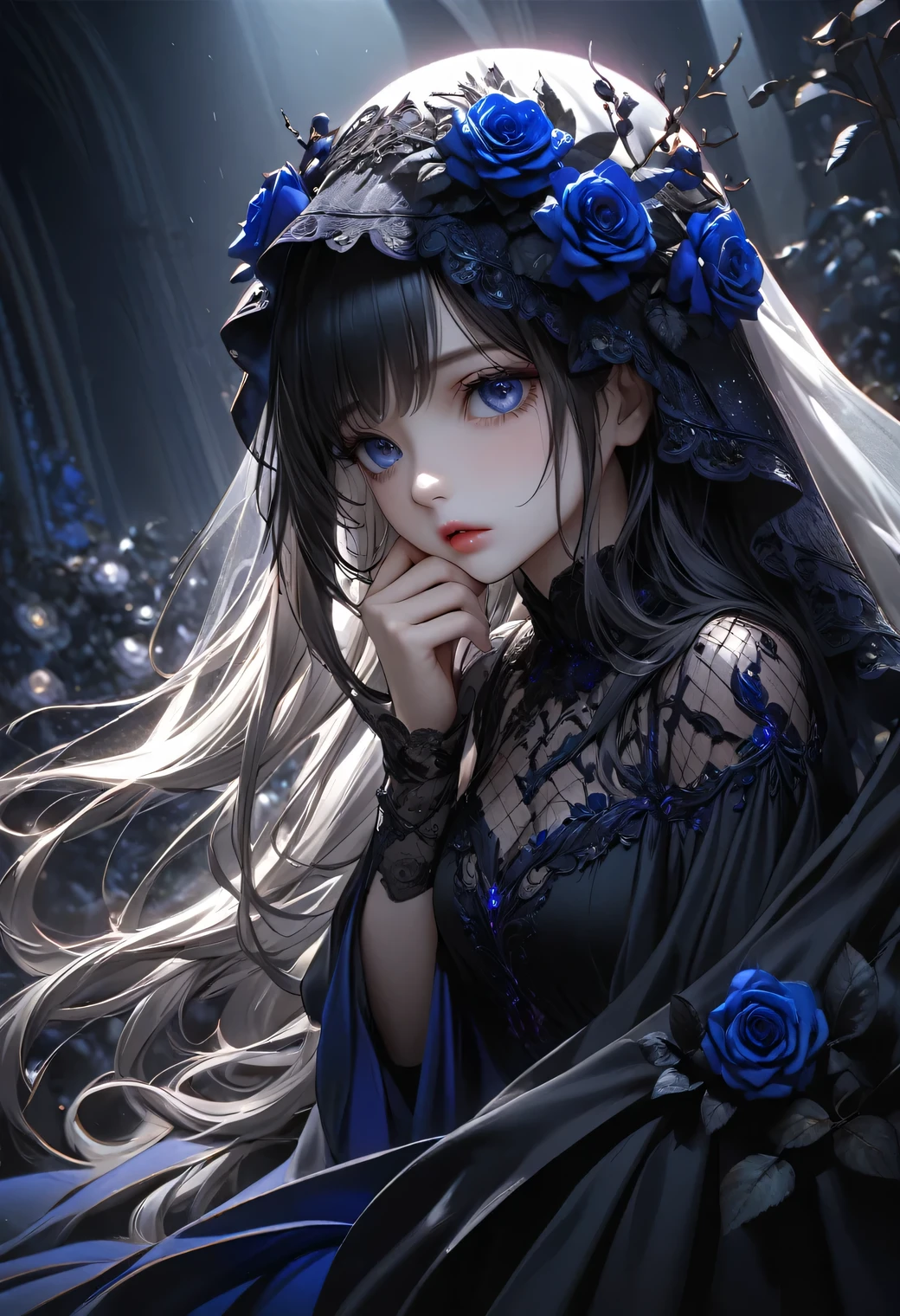 full-body view, dramatic angle, beautiful detailed eyes, beautiful detailed lips, extremely detailed eyes and face, longeyelashes, beautiful and cute girl, a princess of the underworld, a gloomy expression, a downcast face, looking up, hand on mouth, white and black gradation hair, through bangs, flowing hair, a black race sheer veil adorned with deep indigo roses, an exquisitely beautiful black dress adorned with deep indigo roses, a gloomy night field background, (highest quality,16k,highres,masterpiece:1.2),ultra-detailed,(ultra-realistic,photo-realistic:1.37),HDR,UHD,studio lighting,ultra-fine painting,sharp focus,physically-based rendering,extreme detail description,professional,vivid colors,dark tone,dramatic lighting,chiaroscuro,mysterious,melancholy,somber,surreal,fantasy