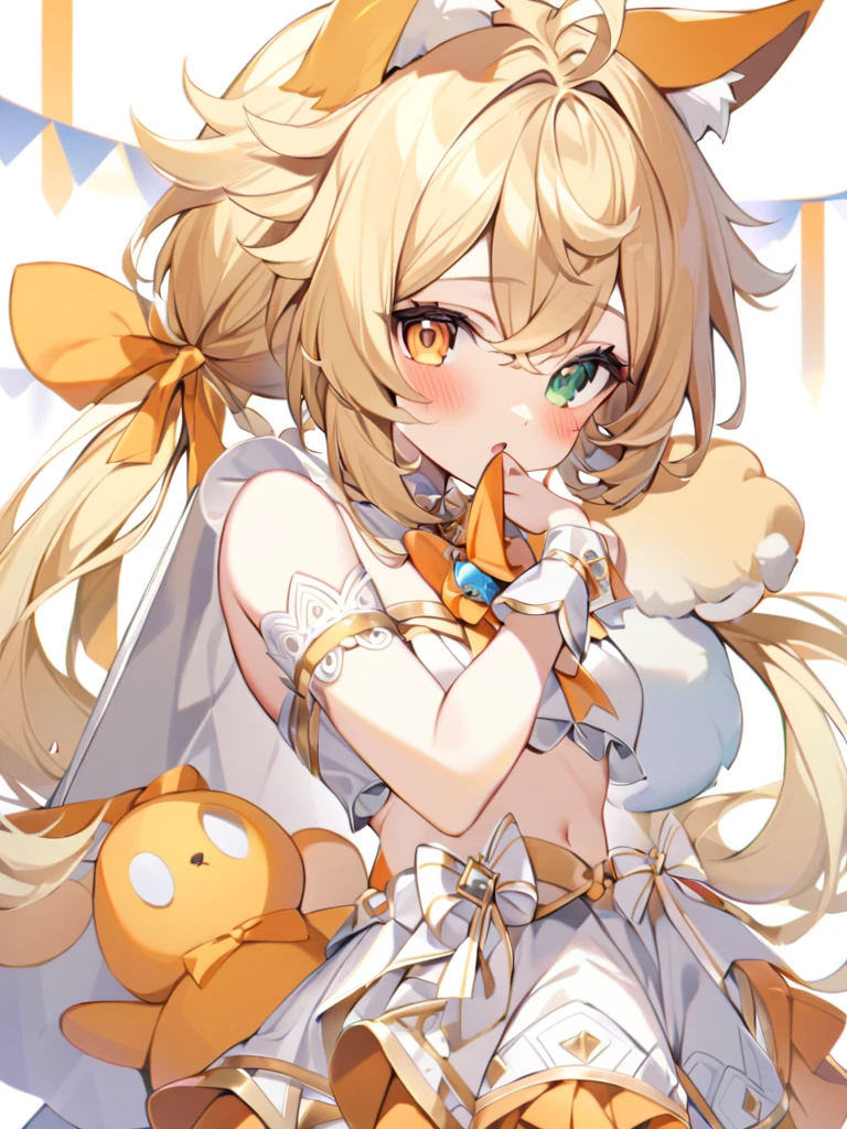 1girl, animal ears, bangs, bare shoulders, blonde hair, blush, bow, breasts, white cleavage, cropped torso, , green eyes, hair ribbon, heterochromia,  stlooking at viewer, open mouth, orange bow, orange eyes, orange ribbon, ears like an unearthly animal, fluffy tail, light tail, real tail, ribbon, solo, stuffed animal, stuffed bunny, stuffed toy, twintails, upper body, full-length, white legbands, white shoes with lace and white bows, white background, wrist cuffs, yellow eyes, bloomers, close-up, fair skin frills, lace, midriff, skirt, solo, , white background,shorts, white top with ribbon and lace and trousers,trousers, genshin,white slippers with a bow,All clothes are white, laceAt full height, it stands, в полный рост,One tail, fluffyclothes like queens in Egypt, namely a white transparent cape on the mouth, white transparent ribbons hanging from the wrist 