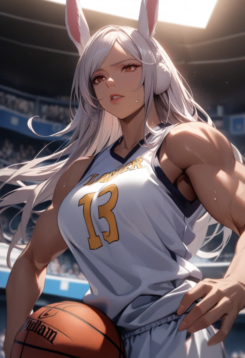 (Mastepiece, best quality, absurdres), close up shot, 1girl, mirkodef, dark skin, muscular, rabbit ears, mature female, holding a basketball in one hand, lifting shirt with one hand, underboob, wearing a basketball jersey, basketball court, looking at wiewer, (exhausted, sweating), medium , 8k intricate illustration, dynamic pose, cinematic lighting, volumetric lighting, vibrant colors, ray tracing, intricate details, 