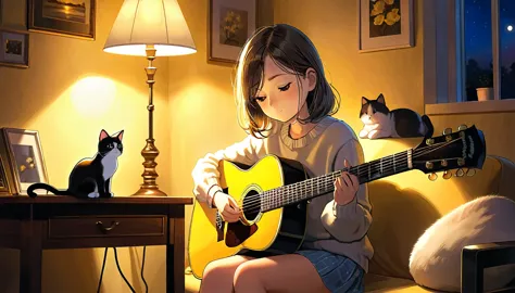 evening,
girl sitting in a cozy corner, pulling on the guitar.
the soft yellow light of the desk lamp illuminates her thoughtful...