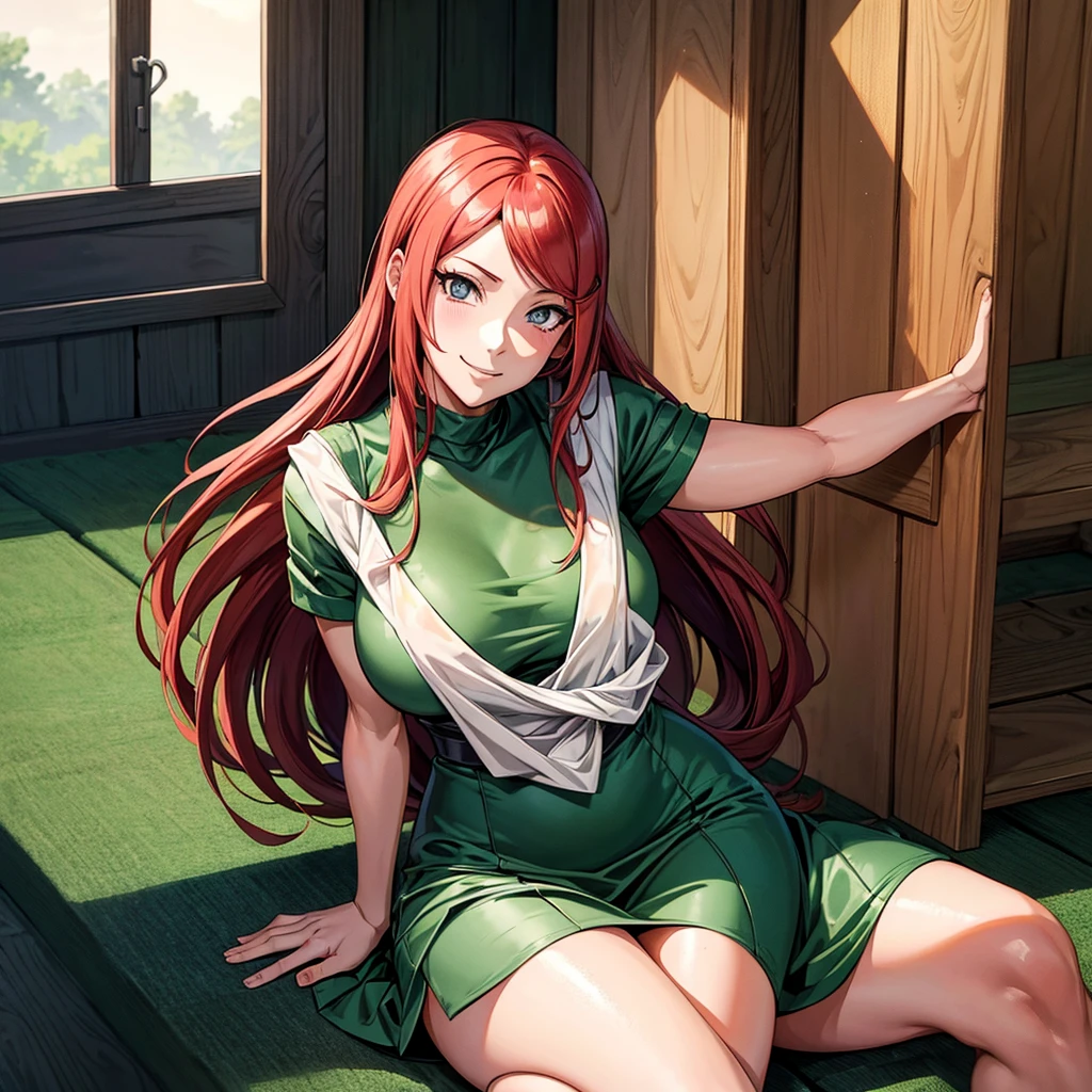 uzumaki_kushina,massive large_breasts, large thighs,large_ass, sitting, solo, kushina_green_dress,shirt up,tight dress, short skirts, masterpiece, best quality, detailed face, detailed eyes, highres, (masterpiece:1.4, best quality:1.2), (Highres), (Detailed Illustration), Ultra-Detailed, konohagakure, sitting straight, spread leg,looking in front, smiling playfully with a mischievous glint in the eyes