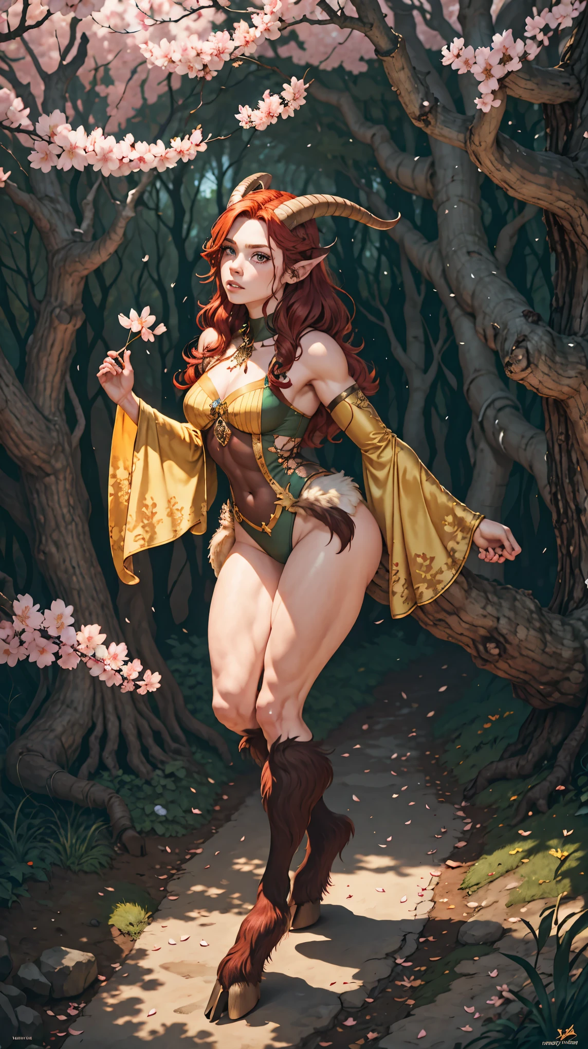 red hair,A faun female in the forest, satyr, woman, fantasy(masterpiece, best quality, photorealistic, detailed shiny skin:1.2), flawless, 8k, RAW, highres, (dark night:1.1), goat legs, furr legs, hooved, goat horns, beard, long black hair, looking at viewer, cinematic, dark background, medieval, muscles, open ches5, fantasy, (absurdes), attractive, long blonde hair, golden eyes, sexy,big  , cherry blossom,waterfall, forest, sun rays