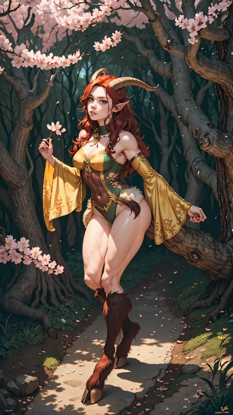 red hair,A faun female in the forest, satyr, woman, fantasy(masterpiece, best quality, photorealistic, detailed shiny skin:1.2),...