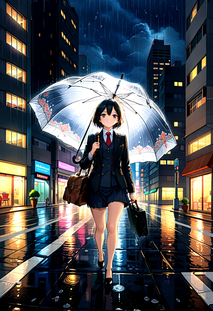 (우산, 비), 장면은 주로 밤에 도시에서 돌아오는 사람을 묘사합니다., 전문적인 복장을 하고, 번화한 도시의 거리를 활기차게 걷는다, 한 손에는 서류가방을, 다른 한 손에는 검은 우산을 들고. 그녀의 걸음걸이는 빠르고 탄력이 뛰어납니다., 고층 빌딩으로 둘러싸인. 이것이 그녀의 환경이다, and the sound of 비drops hitting the umbrella surface interweaves with her footsteps, 밤에 도시에서 돌아오는 솔로곡을 만들다, showcasing the image of walking on 비y nights. 장면의 배경은 번화한 도시와 고층빌딩, (전경), 사진술, 수상 경력이 있는, 영화 스틸, 감정적인, 삽화, 동적, 생생한, (걸작, 최고의 품질, 전문적인, 완벽한 구성, 매우 심미적이다, 터무니없는, 매우 상세한, 복잡한 세부 사항:1.3)