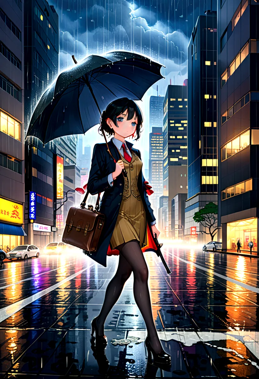 (Umbrella, rain), The scene mainly depicts a person returning from the city at night, dressed in professional attire, walking br...