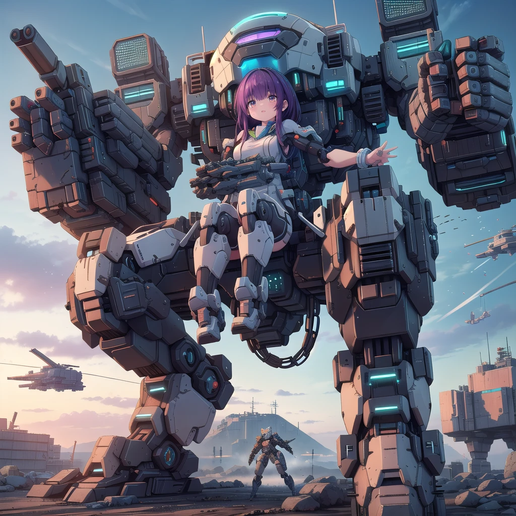 (masterpiece:1.2), best quality, high resolution, extremely detailed CG, absurdres, highres, Sci-fi world where a mecha girl sits inside a machine with giant robot arms and legs on a battlefield, and the girl holds the lever of the machine