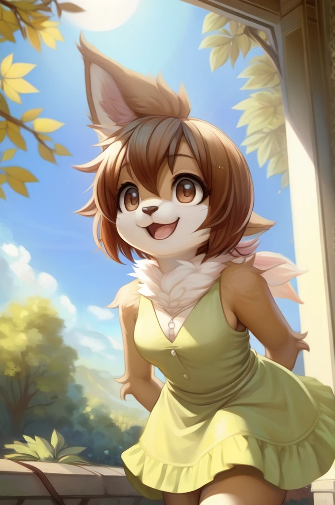 by woolrool,,, Kari_Kamiya furry, detailed and extremely fluffy body fur, fluff, masterpiece, looking up beautiful surroundings, detailed background, happy, leaf-dress, short stature, sexy anthro