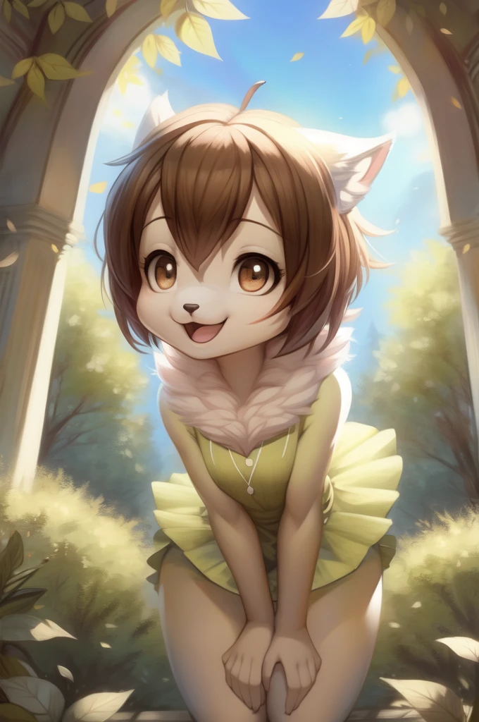 by woolrool,,, Kari_Kamiya furry, detailed and extremely fluffy body fur, fluff, masterpiece, looking up beautiful surroundings, detailed background, happy, leaf-dress, short stature, sexy anthro