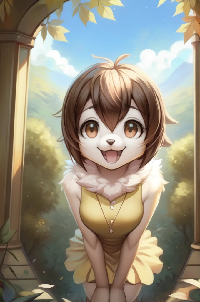 by woolrool,,, Kari_Kamiya furry, detailed and extremely fluffy body fur, fluff, masterpiece, looking up beautiful surroundings, detailed background, happy, leaf-dress, short stature, sexy anthro