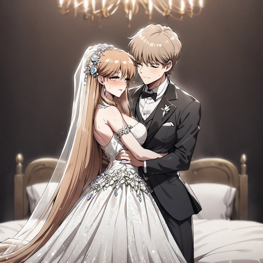 ((Highest quality)), ((masterpiece)), (detailed), （Perfect Face）、The woman is Princess Leona, who is having sex with a strong, dignified, old, male general who is a villain. She has medium-long light brown hair, and is wearing a gorgeous, glittering, jeweled wedding dress and wedding veil. She is embracing and having sex with the strong, dignified, old, male general in a luxurious bed.、The woman has medium-long hair, is brainwashed, has no expression, and has no highlights in her eyes.