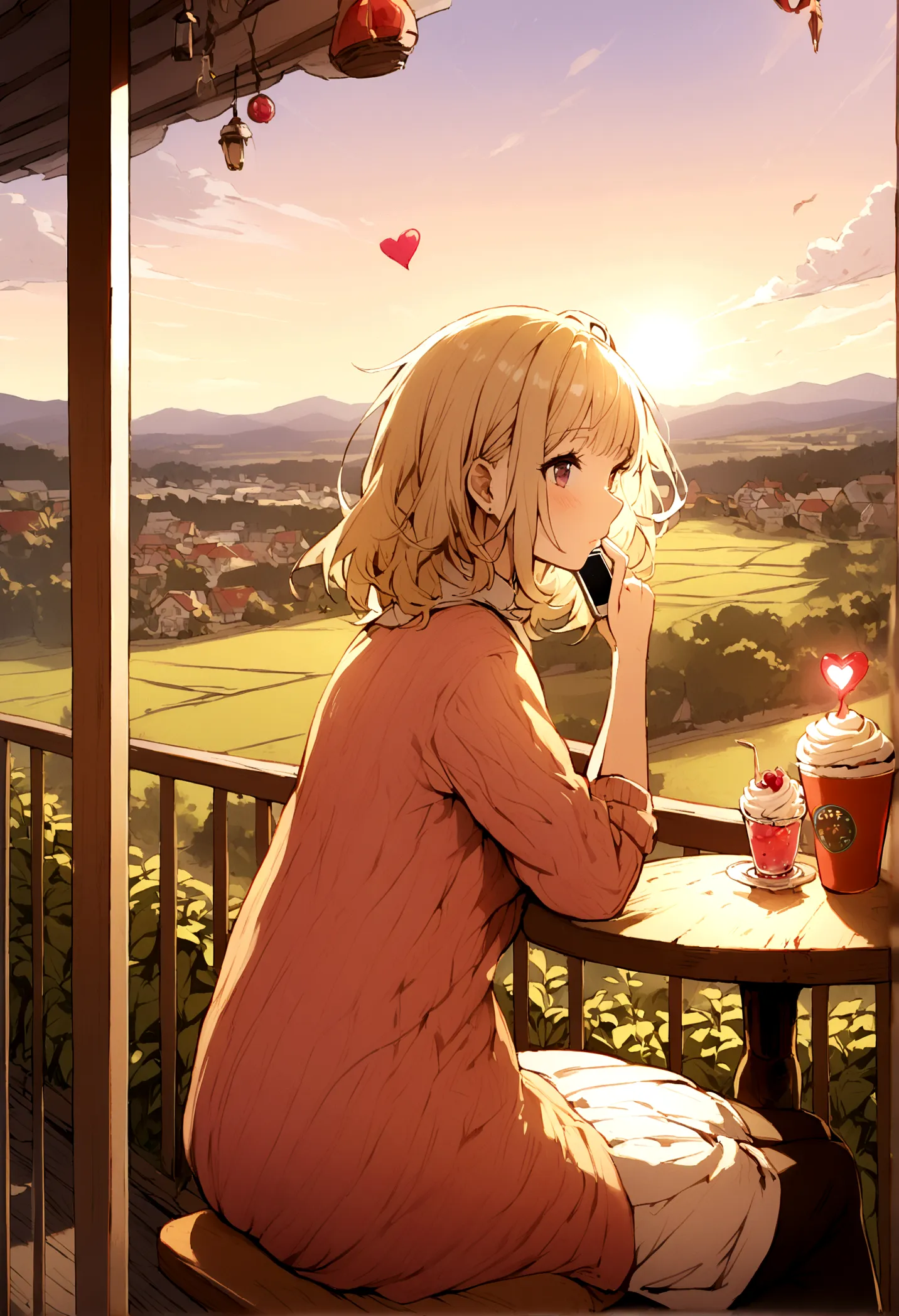 1 female, high ,smartphone,broken heart,landscape,cafe,