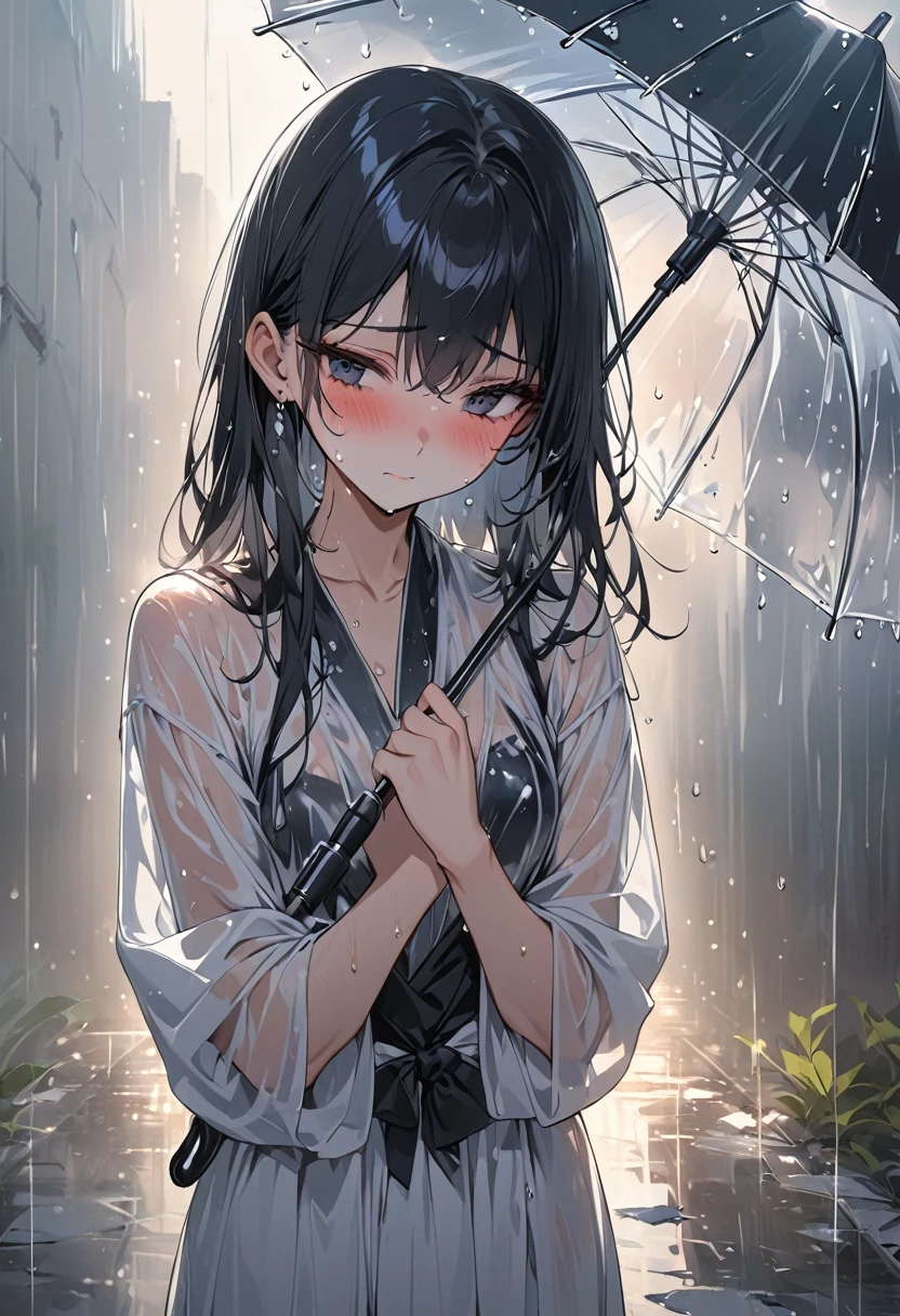 一个女孩站在Regen中，Einen Regenschirm halten, schwarze lange Haare, , schüchtern, erröten, wet, Regen, TRANSPARENT, (Meisterwerk, beste Qualität), Sanftes Licht, Komposition, Licht