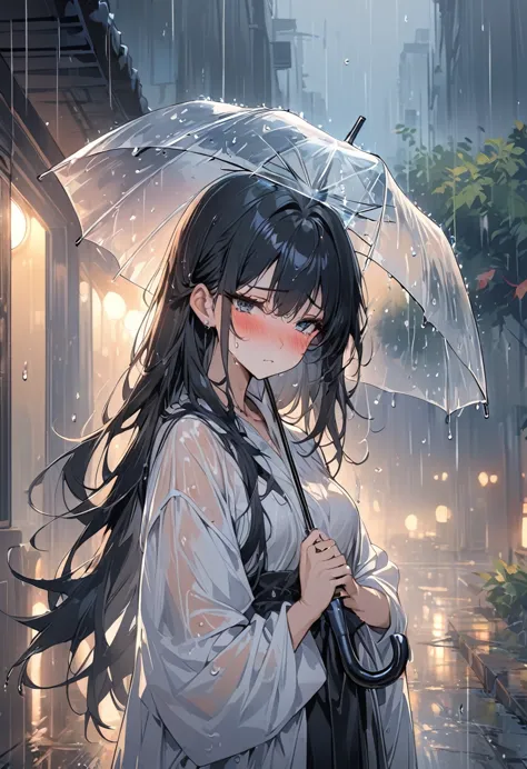 一个女孩站在rain中，holding an umbrella, black long hair, , shy, blush, wet, rain, transparent, (masterpiece, best quality), soft light,...