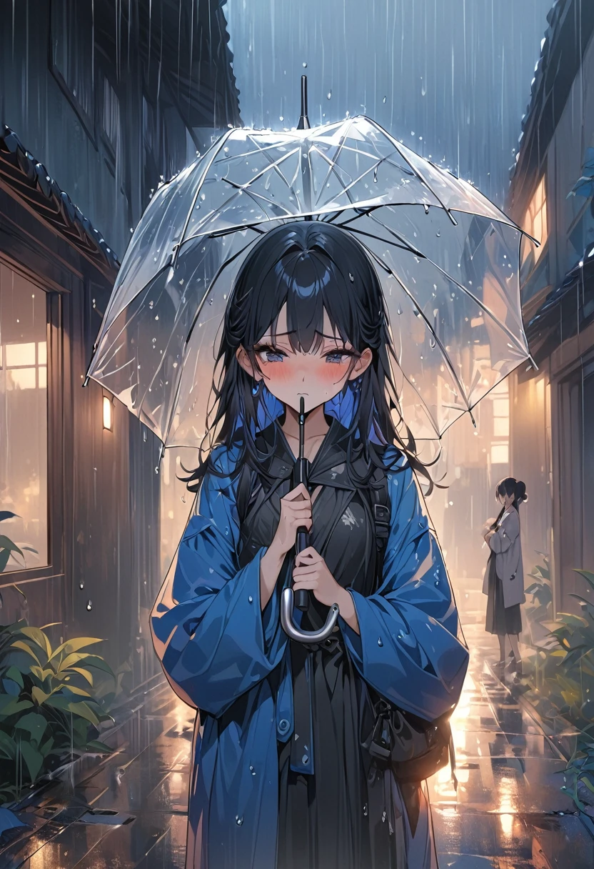 一个女孩站在chuva中，Segurando um guarda-chuva, cabelo preto longo, , tímido, corar, molhado, chuva, transparente, (obra de arte, melhor qualidade), luz suave, composição, Luz