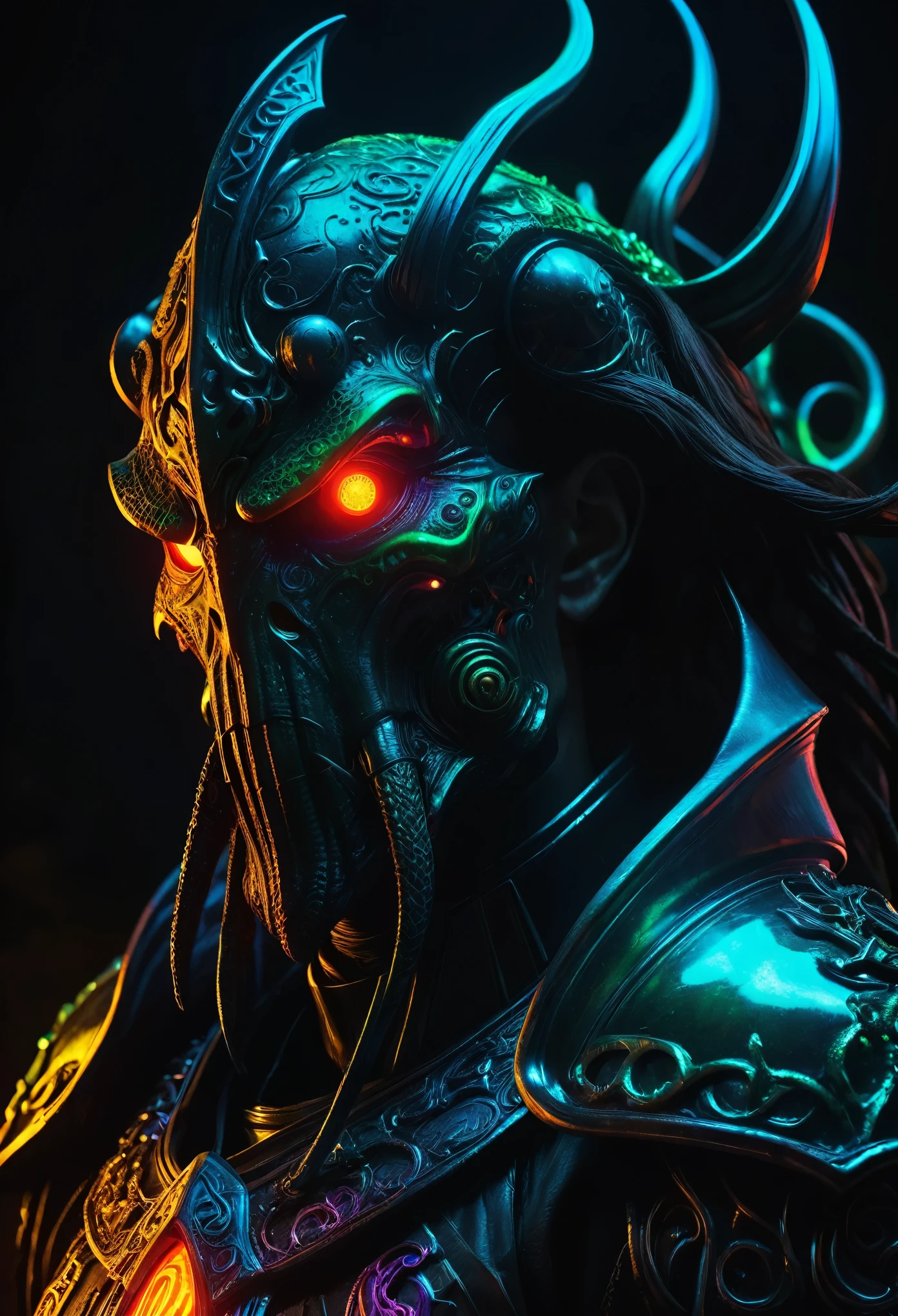 stunning highly detailed portrait of a neon-colored Grimm Knight, (Cthulhu Bishop:1.2), glowing cybernetic armor, ominous presence, dark fantasy, digital art, cinematic lighting, dramatic atmosphere, deep colors, intricate details, masterpiece