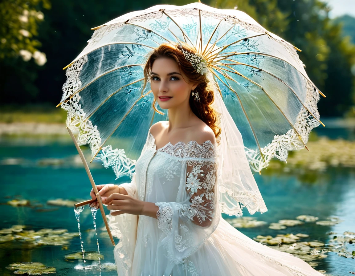 A huge parasol in finely carved and openwork frozen water lace offers shade to a sublime happy and radiant woman, (la femme est accroupie et donne une toute  ombrelle à un oiseau pour le protéger du soleil)