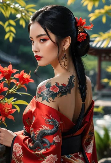a beautiful young woman wearing a red and black kimono with intricate dragon tattoos on her back, her long black hair adorned wi...