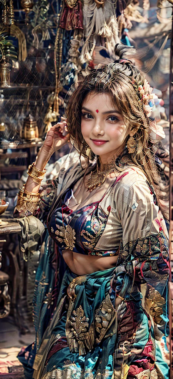 A young realistic woman adorned in very elegant traditional sexy Indian attire, cute and sexy face, very very enormous breasts(boobs), sexy body type, sexy outfit, sexy smile. Indian wedding (realistic perfect face)) beautiful young Indian woman, high fashion photoshoot, luscious lips, intricate hairstyle, elegant pose, natural lighting, cinematic color grading, vibrant colors, dramatic shadows, glossy skin, photorealistic, 8k, best quality, masterpiece