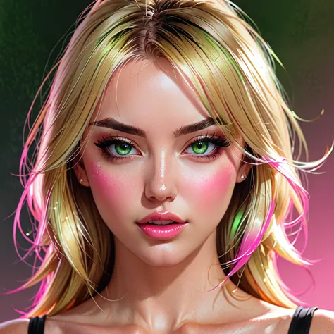 Oral rape of the woman blonde hair green eyes and pink batm and a black top, realistic art style, RossDraws portrait, Artgerm po...